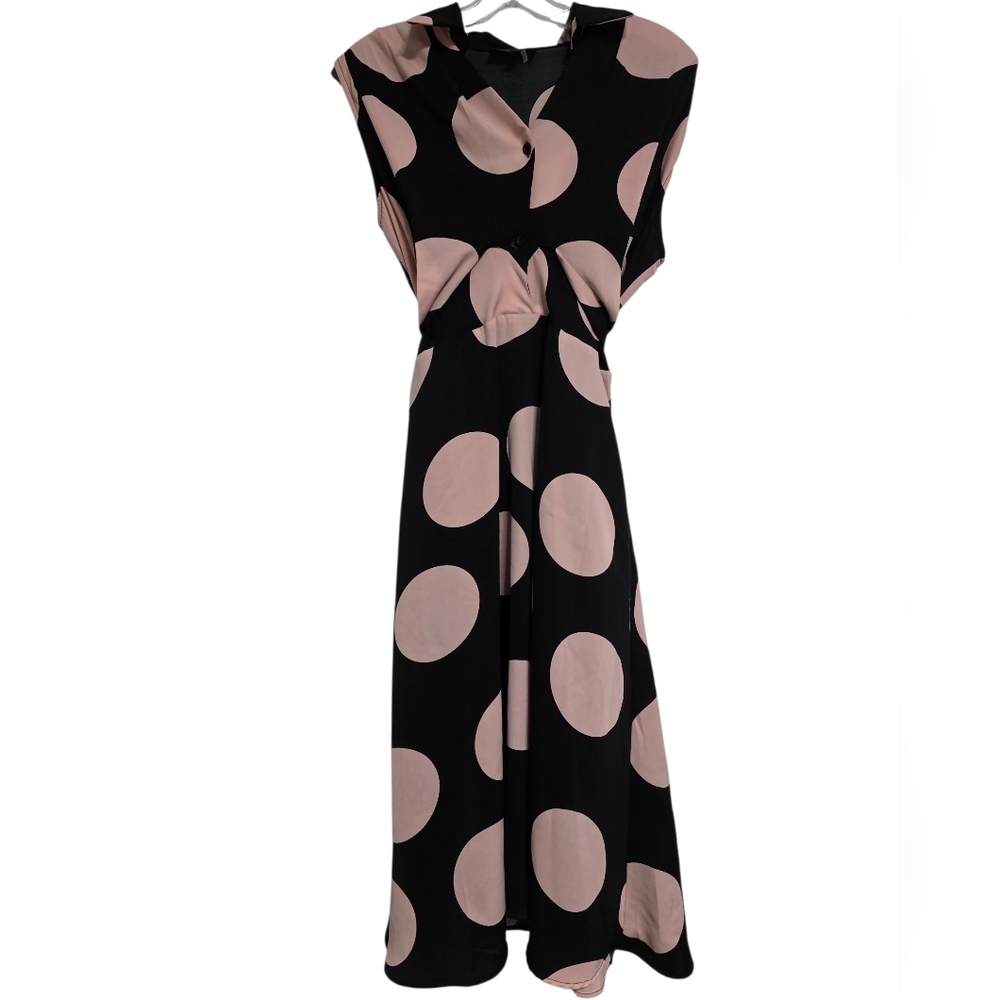 Gracia Cap Sleeve Black/ Blush Pink Polka Dot Dress With Ribbon Tie Size Medium